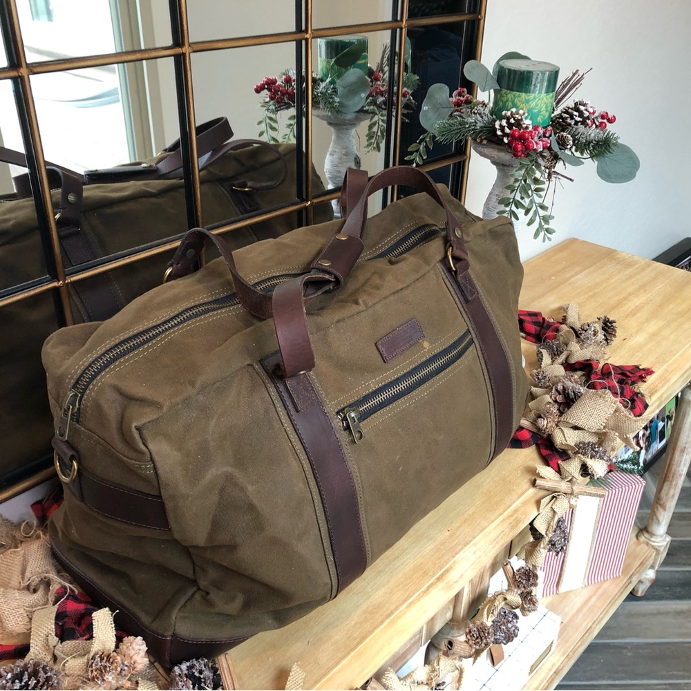 British Racing Green Duck Cloth Leather Weekender Bag, Army Fatigue Green